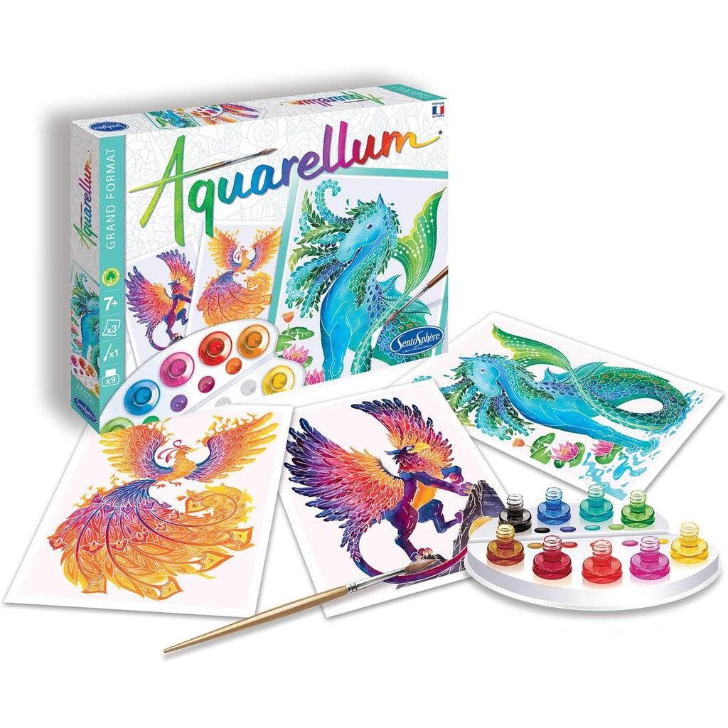 Explore the Sentosphère Aquarellum painting kit, where watercolor painting kits bring colorful, fantasy-themed mythical animals to life. Complete with vibrant paint bottles, a brush, and a mixing palette for your creative journey.