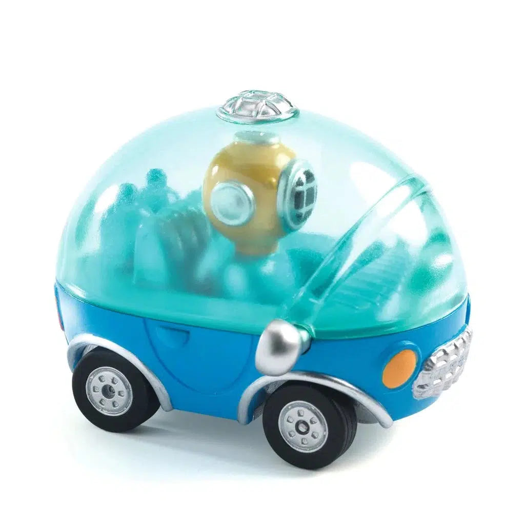 A small, blue racing toy car with a clear dome top and a diver figure inside.