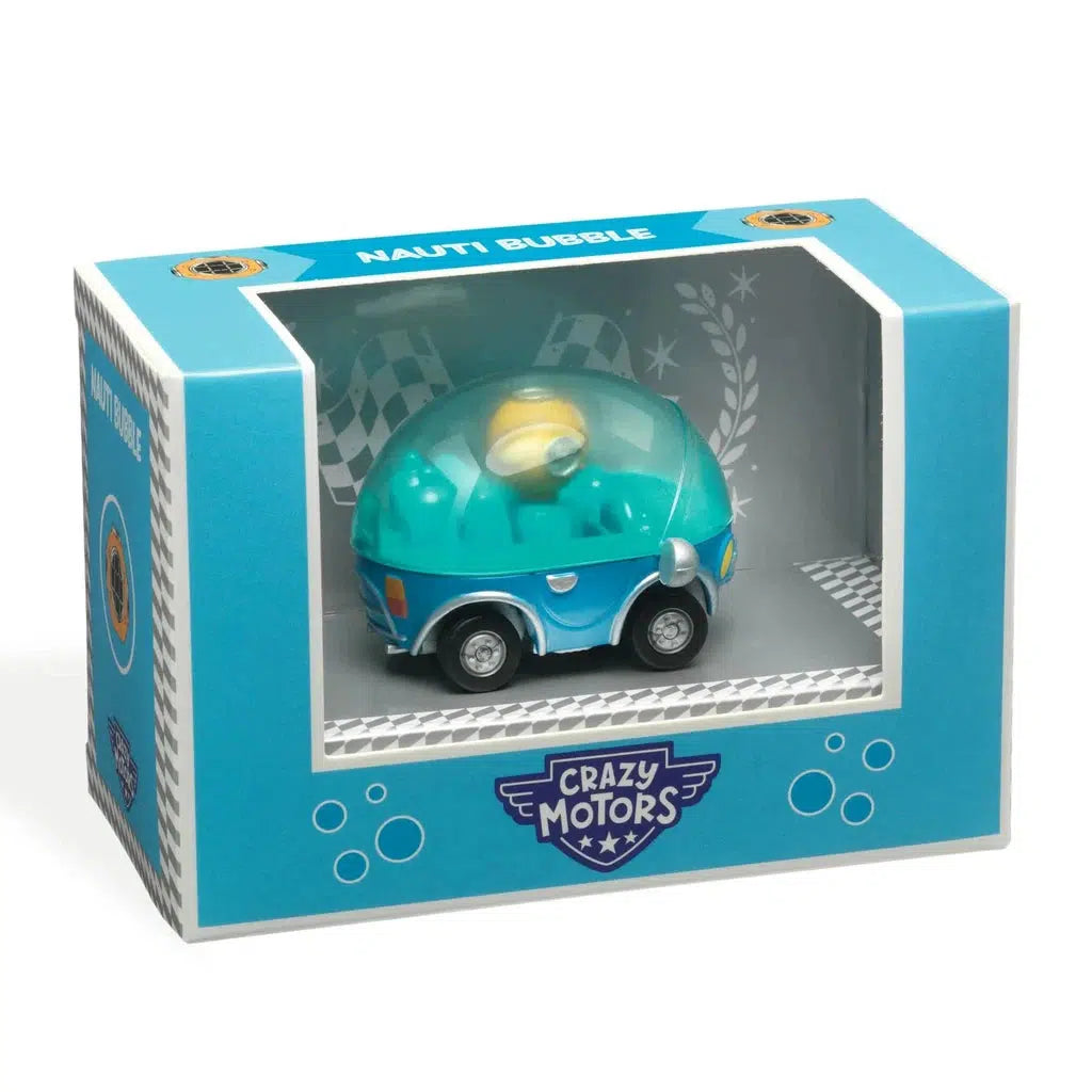 The "Crazy Motors" toy features a kids racing toy in blue packaging, showcasing a durable metal car encased in a clear dome with aquatic design elements.