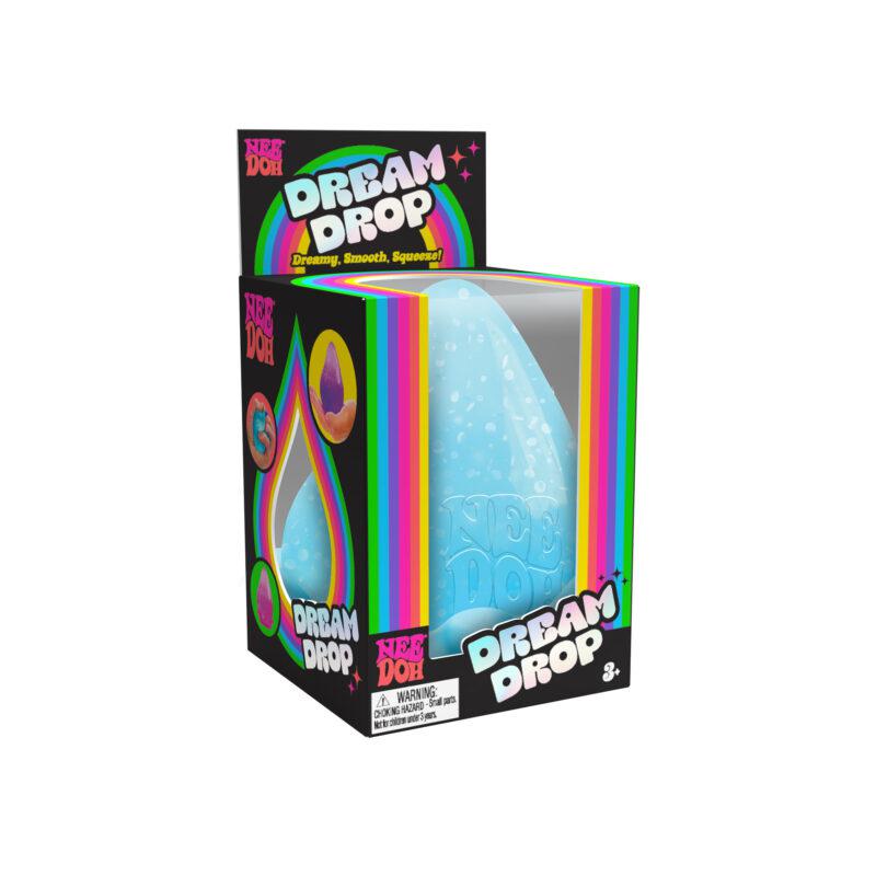 Two blue, semi-transparent, pear-shaped objects embossed with "KEE DOH" rest elegantly on a small, rounded base. These NeeDoh Dream Drops create a sensory oasis perfect for relaxation against the white backdrop.