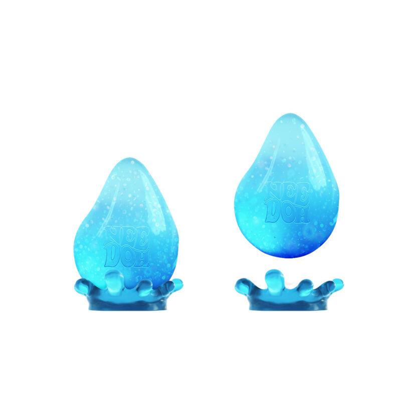 Two blue, semi-transparent, pear-shaped objects embossed with "KEE DOH" rest elegantly on a small, rounded base. These NeeDoh Dream Drops create a sensory oasis perfect for relaxation against the white backdrop.