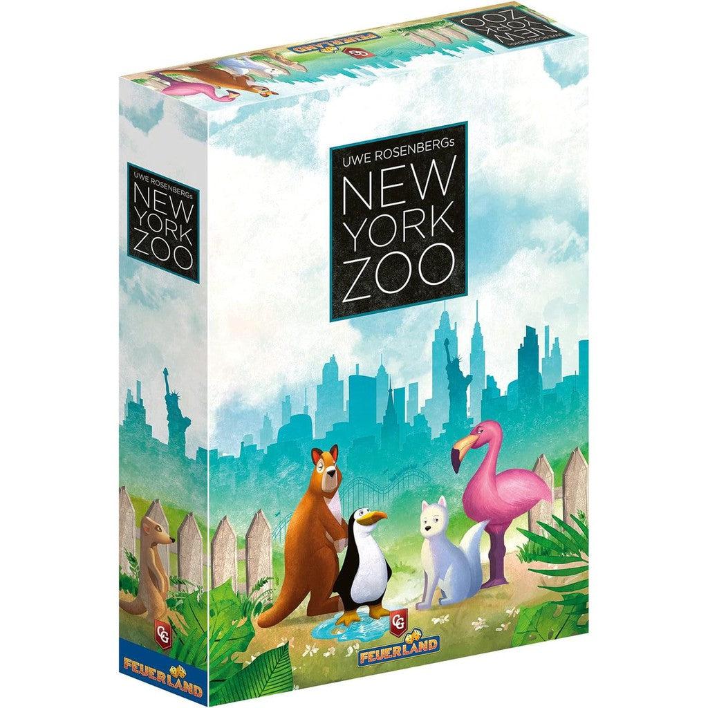 The image shows the box of the strategy board game "New York Zoo" by Uwe Rosenberg, published by Capstone Games, featuring illustrations of a kangaroo, penguin, fox, and flamingo standing in front of a city skyline.