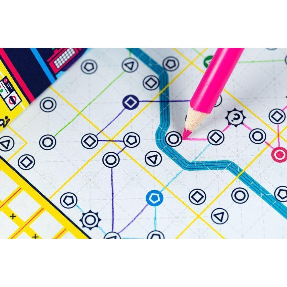 A pink pencil rests on a complex network map with colorful lines and symbols.