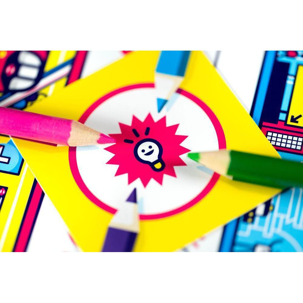 Colorful pencils point towards a yellow square with a light bulb illustration in the center.