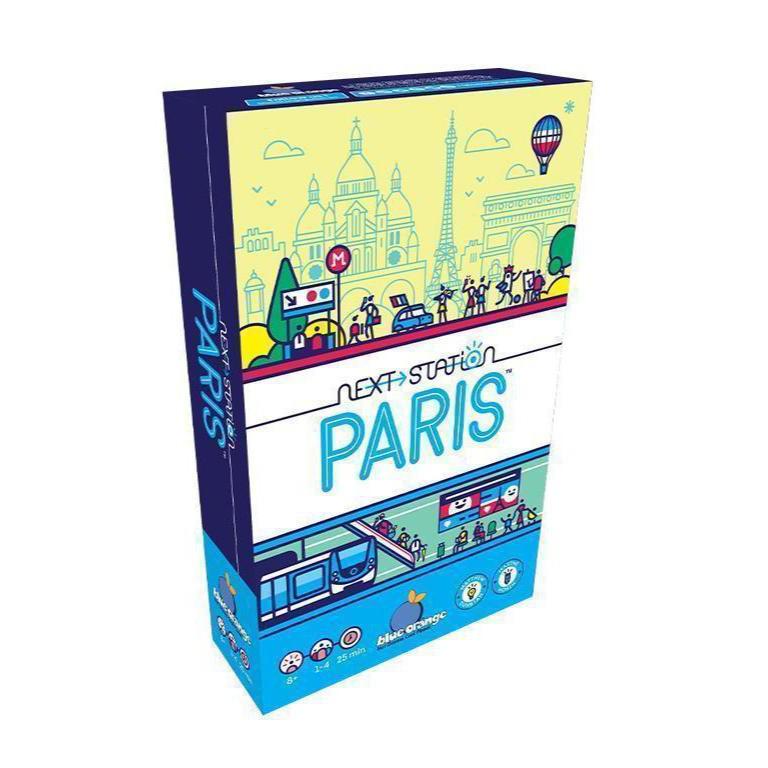 Board game box titled "Next Station: Paris" with illustrated scenes of Paris, including landmarks and transportation.