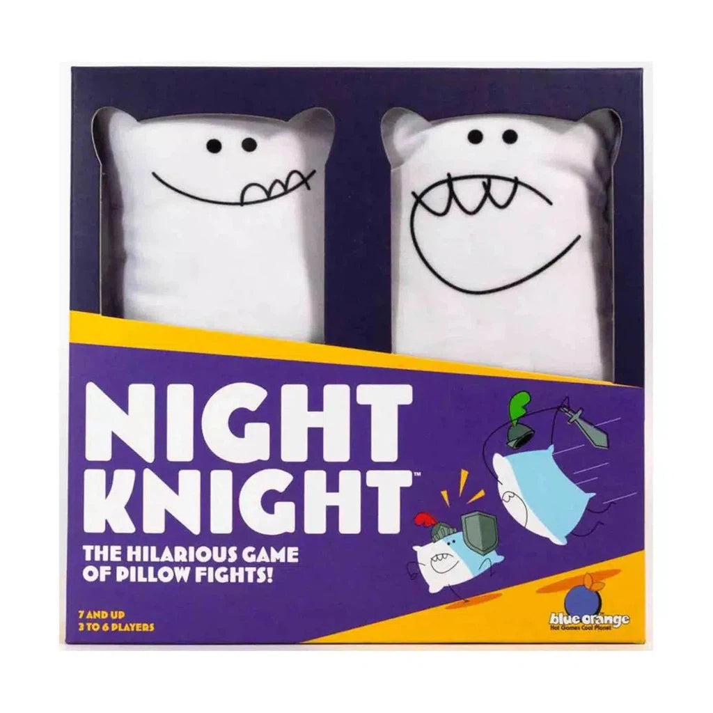 Front view of the "Night Knight Board Game" box featuring illustrations of two rectangle pillows with faces and text that says "The hilarious game of pillow fights!" For ages 7 and up, 3 to 6 players.