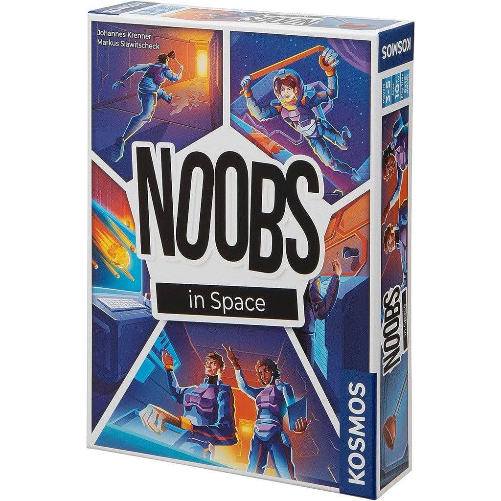 A board game box titled "Noobs in Space" by Johannes Krenner and Markus Slawitscheck, featuring illustrations of people in spacesuits against a backdrop of space-themed scenes, emphasizing cooperative puzzle solving.