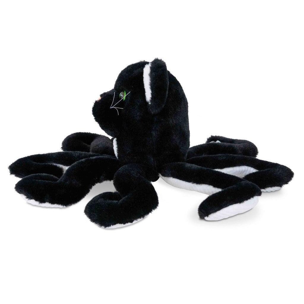 Meet the Randimals plush black octopus toy, featuring a white underside and vibrant green eyes. This whimsical creature embraces diversity, capturing the essence of inclusivity in its unique design against a plain white background.