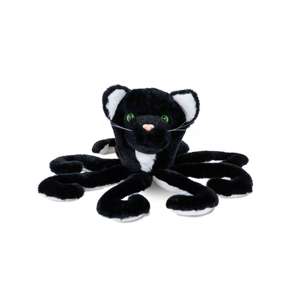 A plush toy from the Randimals collection, resembling a black cat with multiple long legs, white accents, and green eyes, set against a plain background.