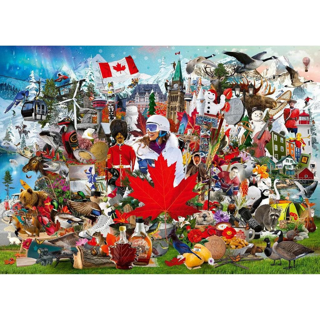 A vibrant Ravensburger jigsaw puzzle captures Canadian symbols, animals, and cultural elements like the maple leaf and Mounties amidst wildlife. This "Oh Canada" collage features landmarks and natural scenery, celebrating the country's rich heritage.