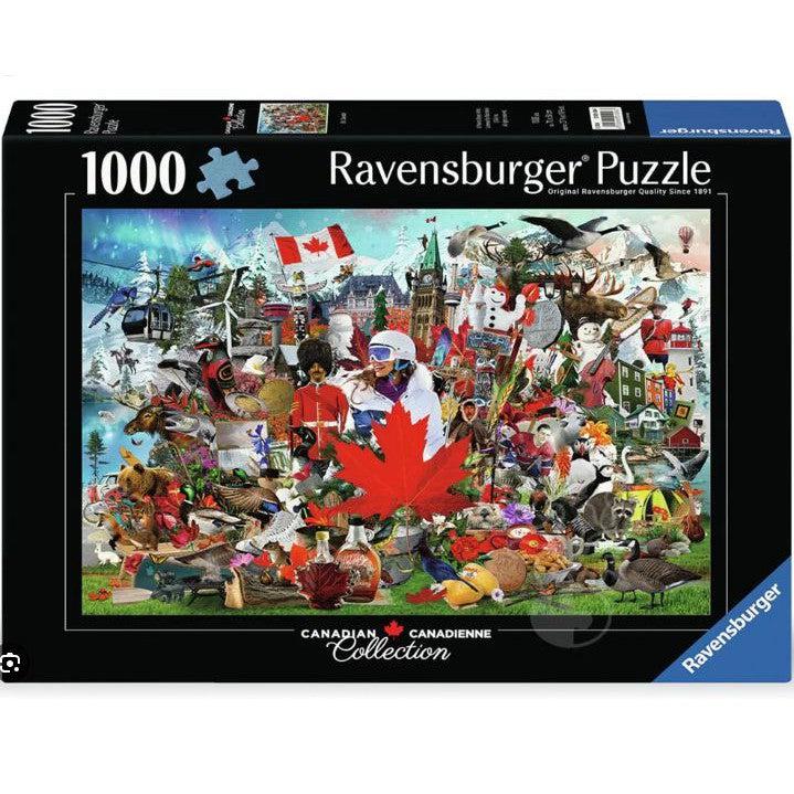 This Ravensburger Oh Canada 1000-piece jigsaw puzzle, found in the Toys &amp; Games section, showcases a vibrant collage of Canadian symbols, featuring wildlife, landmarks, and a striking red maple leaf at its heart.