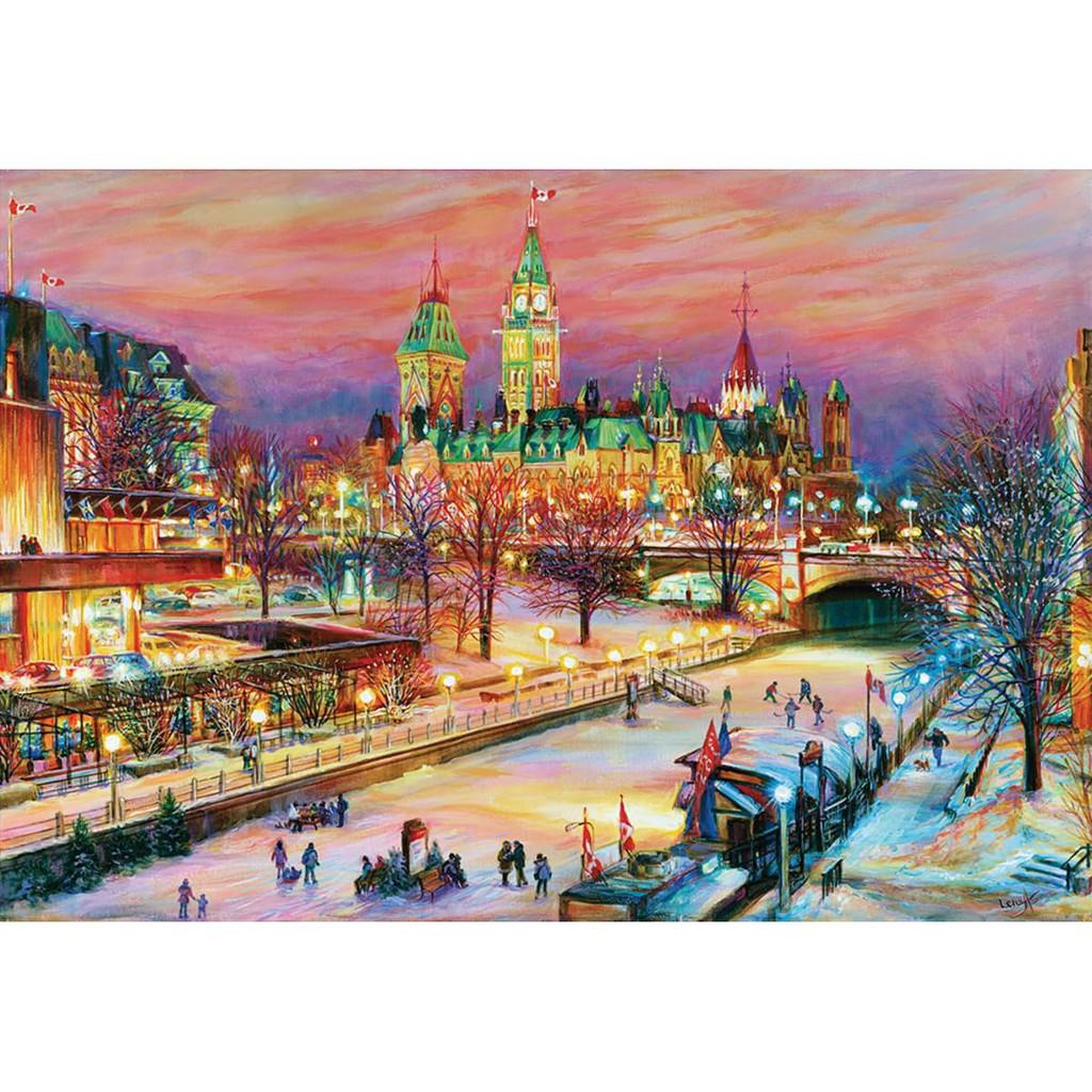 This vibrant painting, reminiscent of the Ravensburger Ottawa Winterlude Festival, depicts a snowy winter scene with people skating on a canal and a historic building under a colorful sky. Perfect for puzzle enthusiasts, it’s available as a 1000-piece jigsaw puzzle in the Toys &amp; Games section.