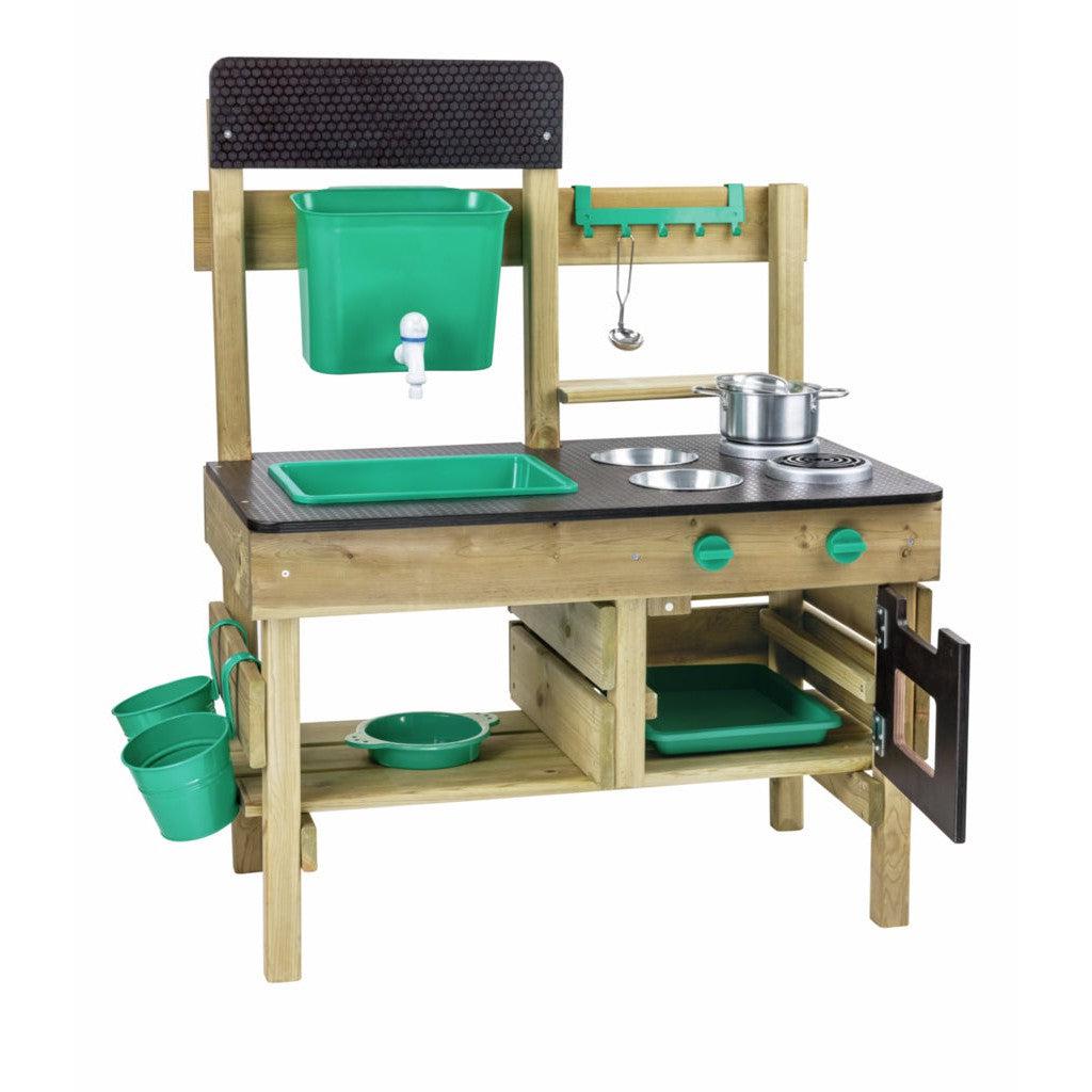 Outdoor Kitchen by Hape, a wooden play cooking station with green appliances and accessories