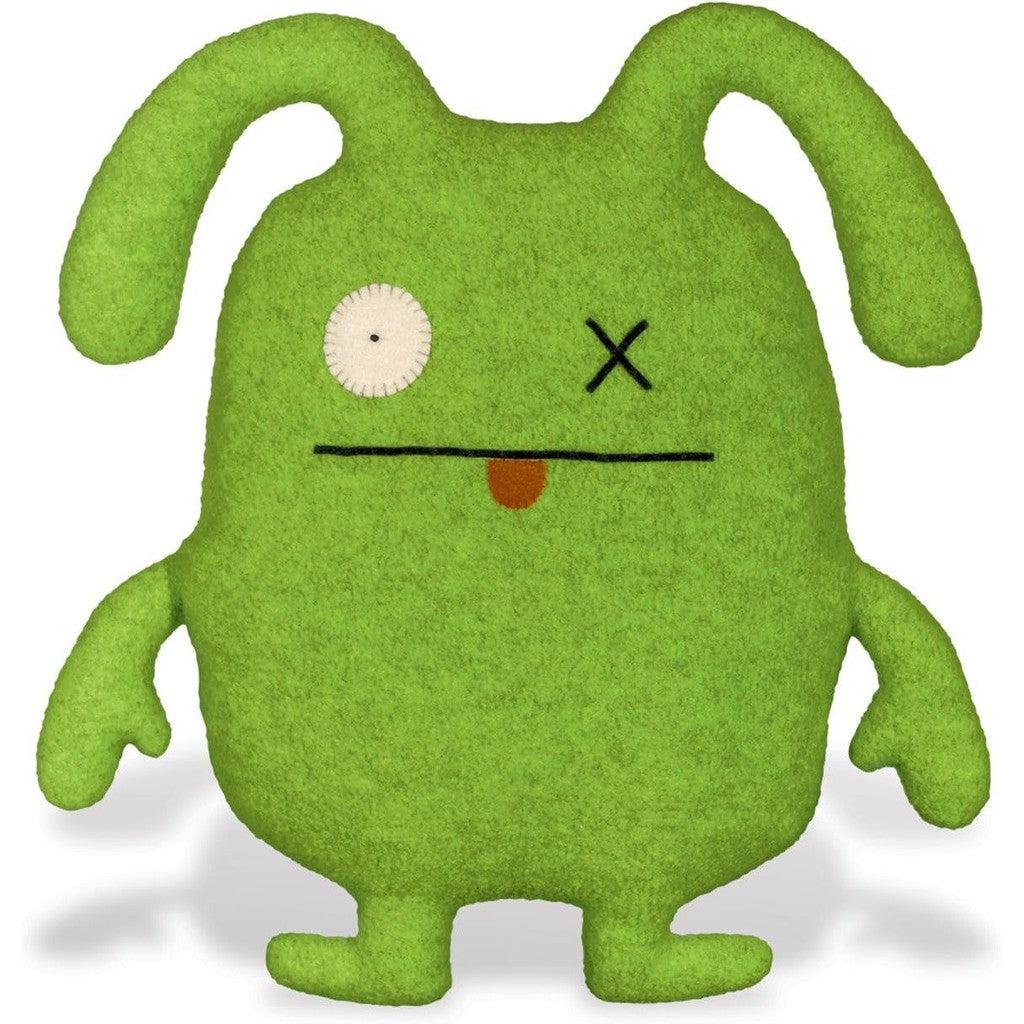 This green Ugly Doll plush toy features long ears, one stitched eye, a protruding tongue, and outstretched arms. 