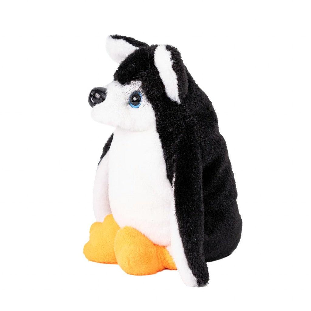 A plush toy with a penguin body and husky dog head with black and white fur and orange feet, sitting upright.