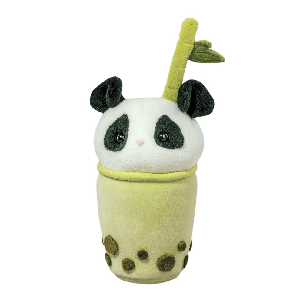 image shows a stuffed animal of a randa head inside a cup of boba tea