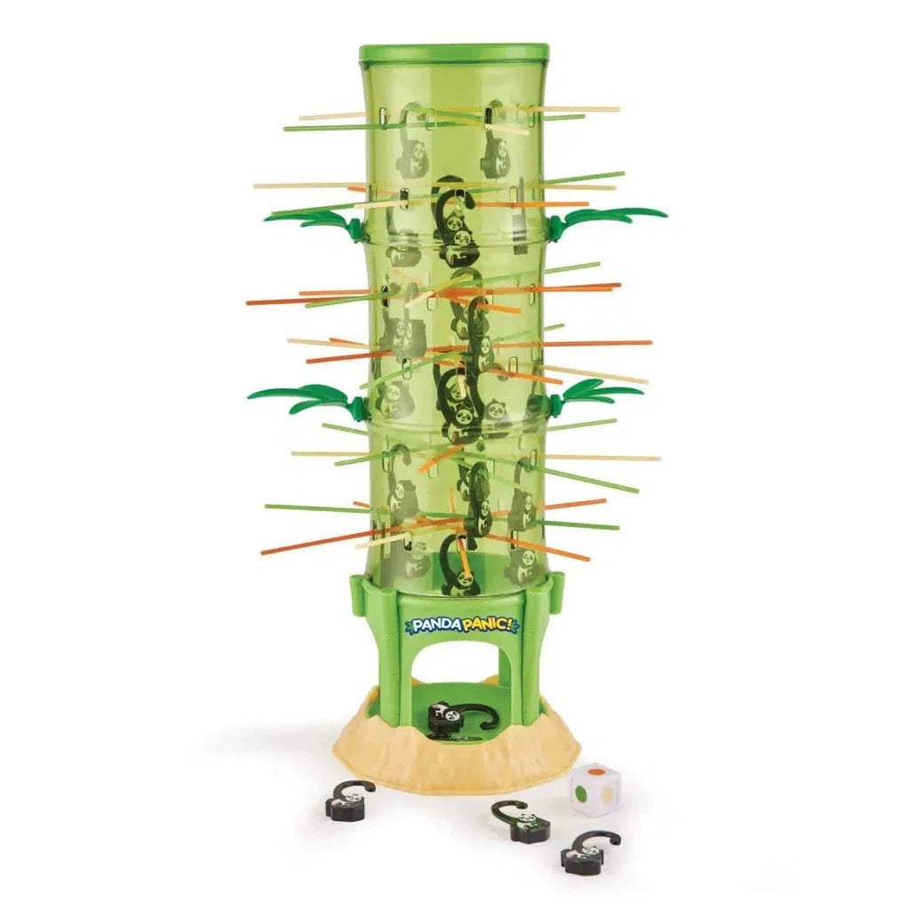 A vertical tower game with sticks and panda figures inside. A die and small hooks are placed at the base.