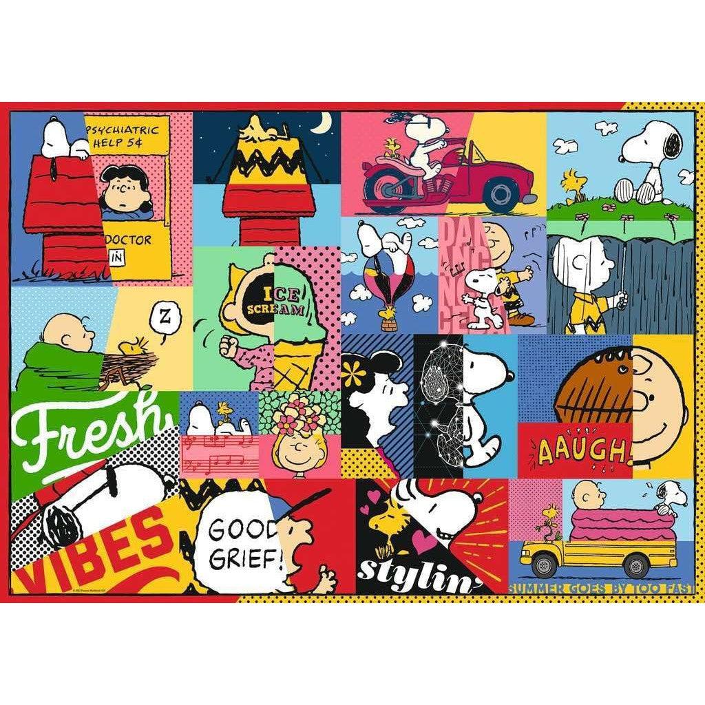 Collage of Peanuts comic strip images featuring Snoopy and Charlie Brown in various colorful scenes and humorous situations, this Ravensburger Peanuts Moments 1000 piece jigsaw puzzle is a delightful challenge, proudly made in Germany.