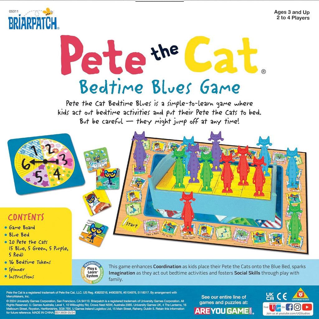 The box cover of "Pete the Cat Bedtime Blues Game" showcases vibrant components like cards, tokens, a spinner, and a colorful board featuring cat figures. This early learning game is perfect for ages 3 and up, accommodating 2 to 4 players.