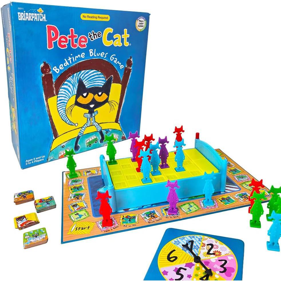 The "Pete the Cat Bedtime Blues" board game is a delightful early learning game featuring colorful cat tokens, a vibrant board, spinner, and cards. It’s perfect for your kid's holiday playtime!