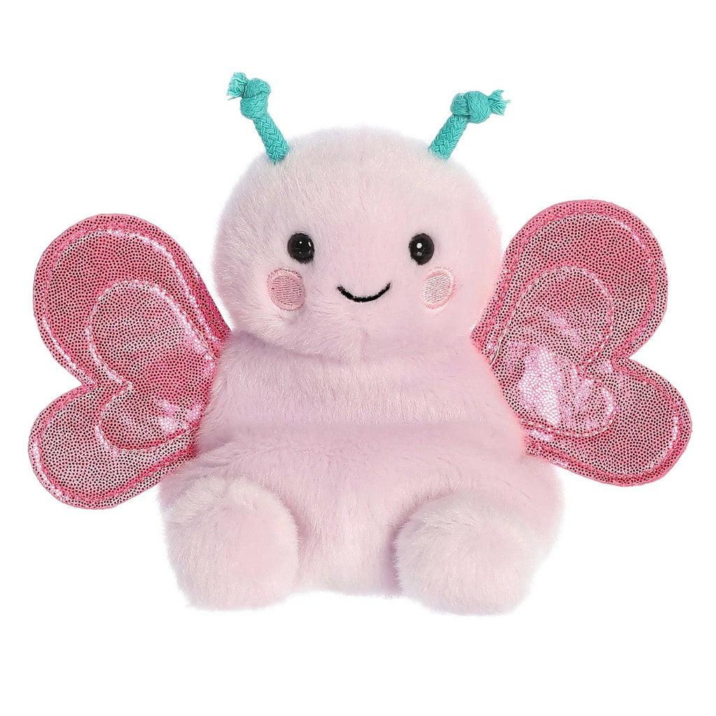 Meet the Petunia Butterfly plush, a delightful toy with glitter-winged charm. This Aurora-inspired creation features shiny pink wings, small blue antennae, and a smiling face that brings joy to any room. Perfect for cuddles and imaginative play!.