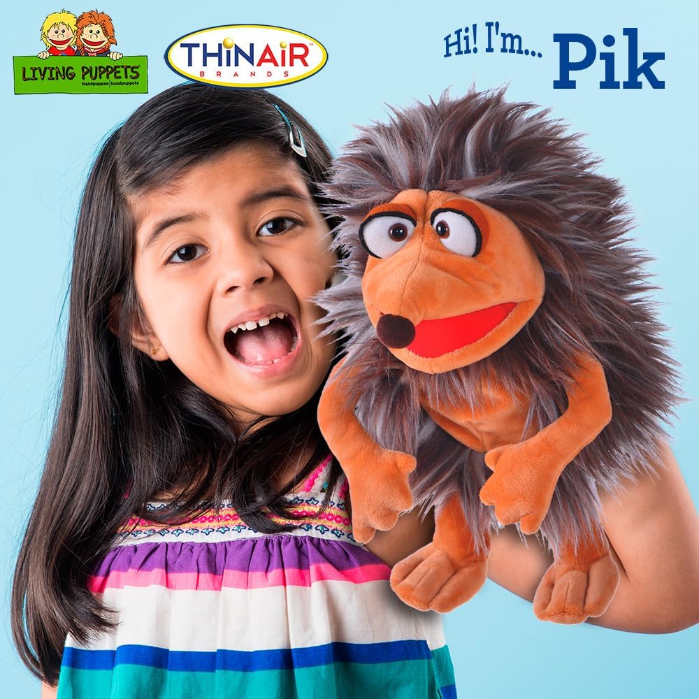 a girl holding pik the puppet