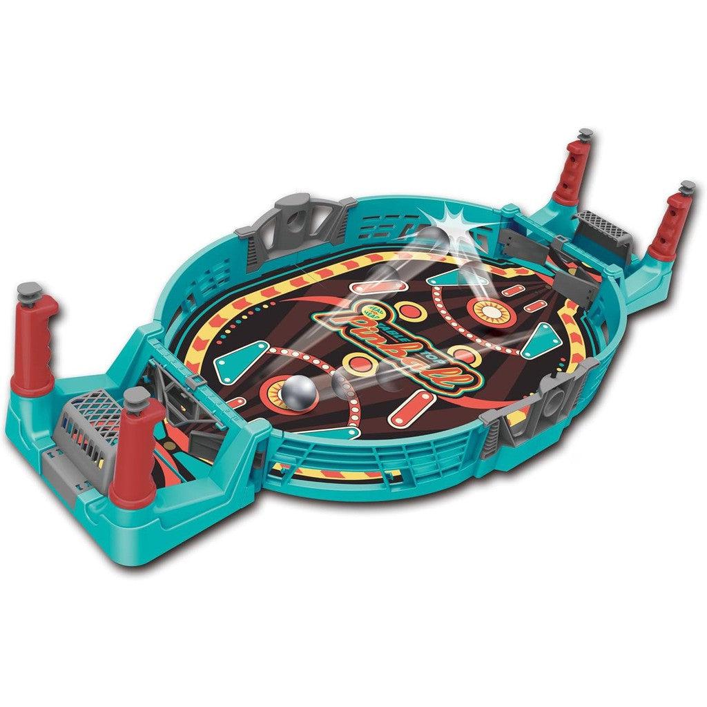 Experience the thrill of a tabletop pinball machine with teal and red accents, revealing a vibrant miniature playfield with bumpers and flippers. This arcade tabletop game brings endless fun to any gathering, perfect for family board game nights.