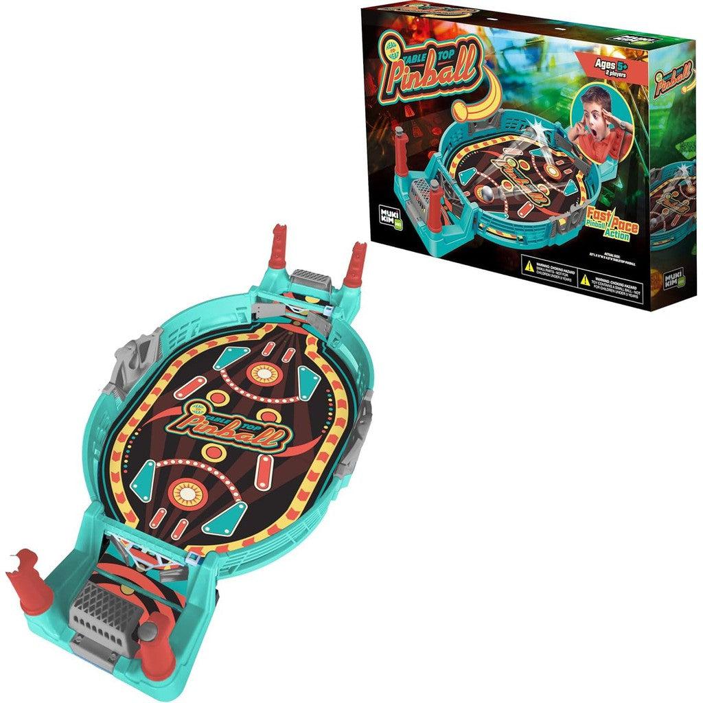 The MUKIKIM Head-to-Head Pinball is a vibrant toy pinball machine with a colorful design, showcased beautifully next to its packaging box. Perfect for a family board game night or as an exciting tabletop game addition.