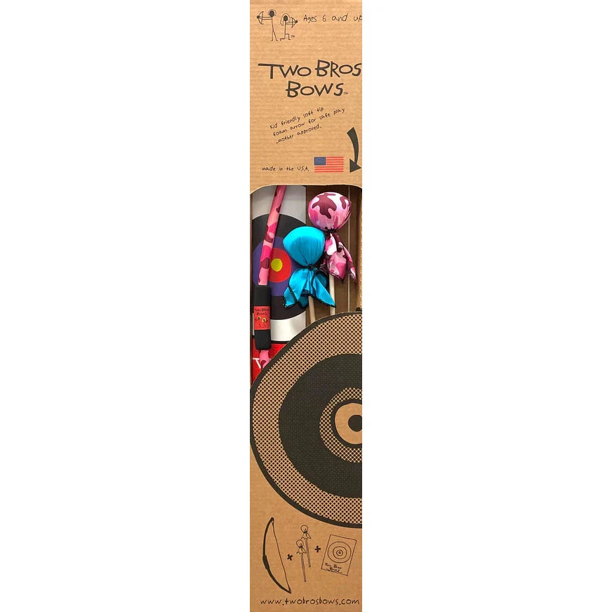 cardboard box with "childish" writing for the name and the picture of a target. The bow, two arrows, and a target can be seen through an opening in the middle