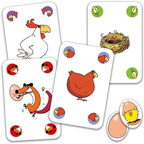 Some of the cards from Piou Piou with chickens, a nest, eggs, and a fox