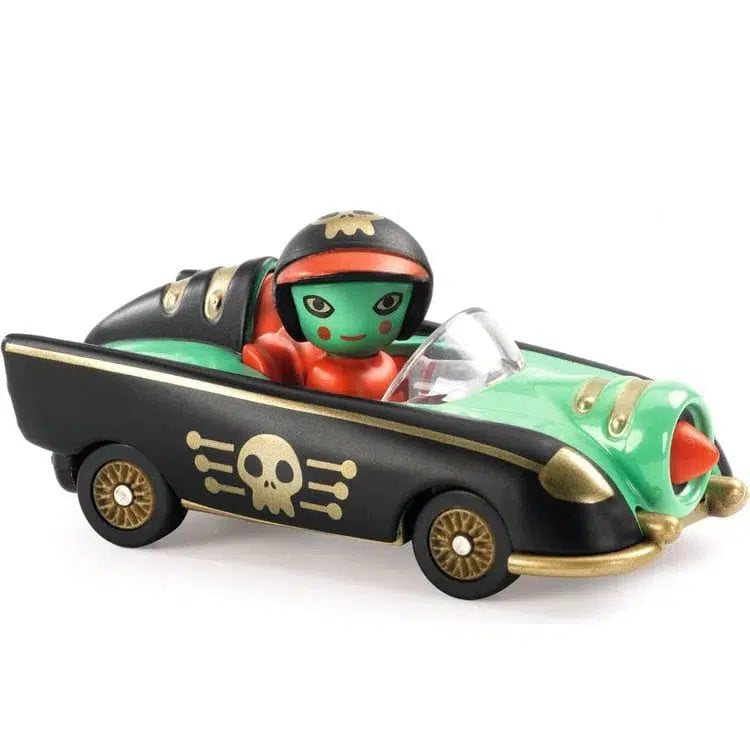 A green toy figure rides in a black and green retro-style Pirate Wheels car, complete with a skull emblem adorning its side.