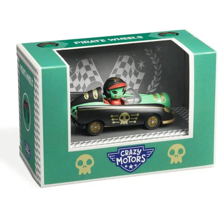 A pirate car with a green and black design, adorned with a skull emblem, is showcased in a striking green box labeled "Pirate Wheels" and "Crazy Motors." This captivating metal car perfectly combines adventurous flair with sturdy craftsmanship.