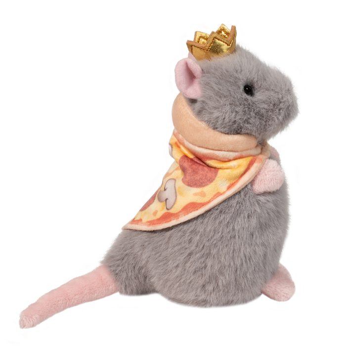 A plush gray mouse, reminiscent of the legendary Pizza Rat, dons a tiny golden crown and a pizza-patterned cape as it sits upright like a true stuffed animal monarch.