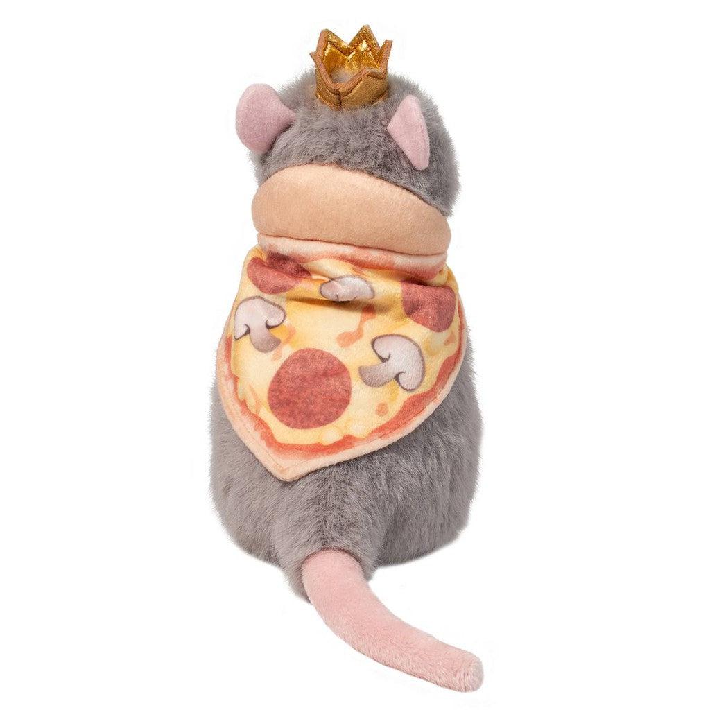 A plush rat toy, affectionately dubbed the Pizza Rat, dons a small golden crown and a pizza-themed bandana as it sits facing away.