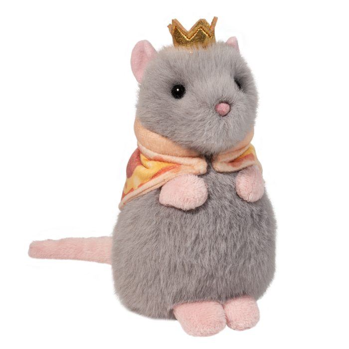 A plush gray mouse, resembling the famous Pizza Rat, dons a golden crown and cape while sitting upright.