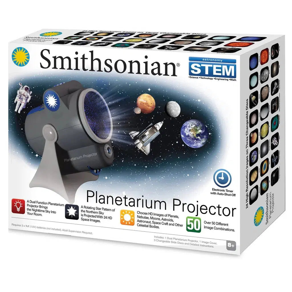 Box for a Smithsonian Planetarium Projector. Features high-definition space images, planets, and instructions. It's STEM-focused, includes a rotating star pattern of the northern sky, and offers 50 image combinations.