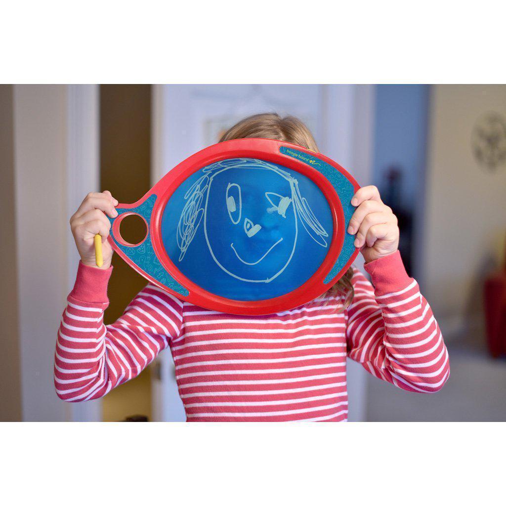 a child has drawn a smile face on the board and is holding it over her own face