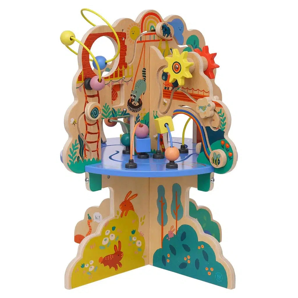 Colorful wooden playground-themed activity center with bead maze, gears, and animal illustrations to enhance motor skill development and cause and effect learning.