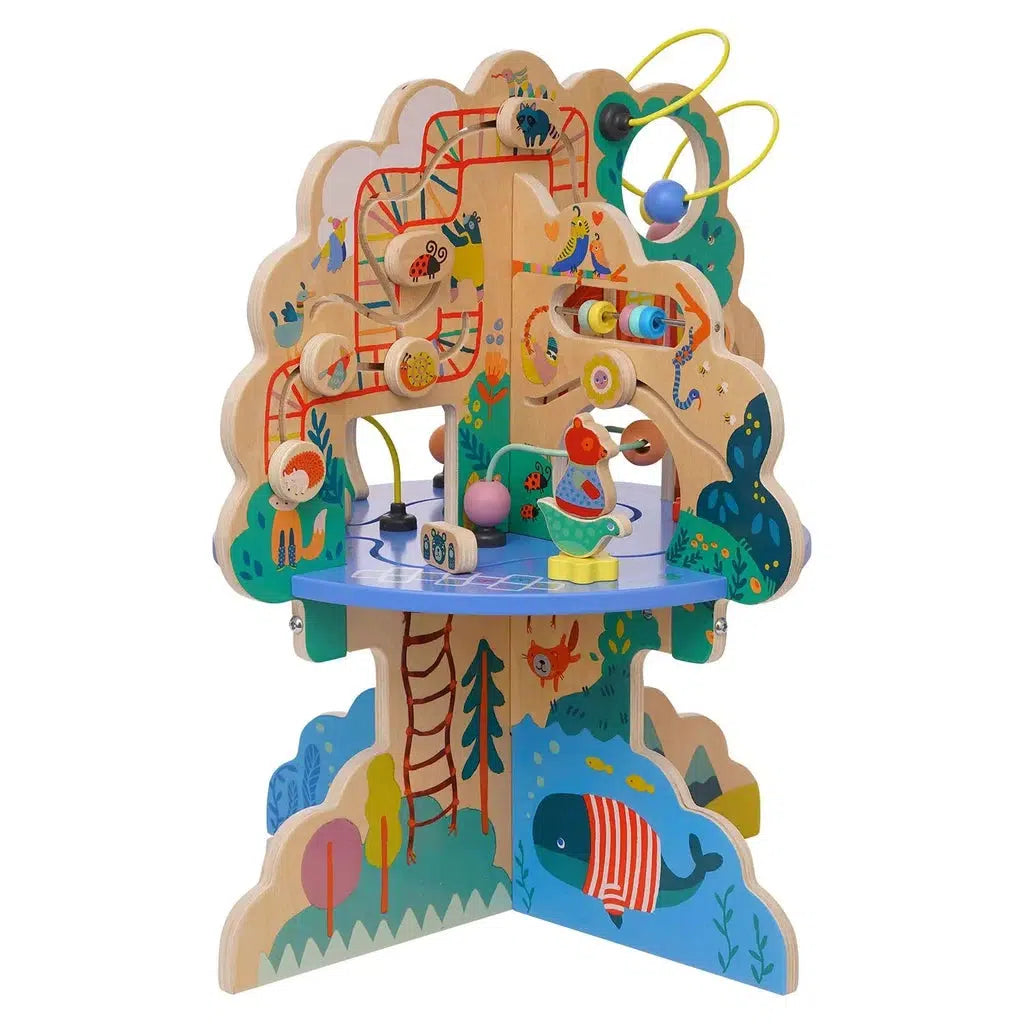 Playground-themed wooden tree-shaped activity center featuring colorful interactive elements like a bead maze, spinning gears, and animal illustrations, all designed to enhance motor skill development.