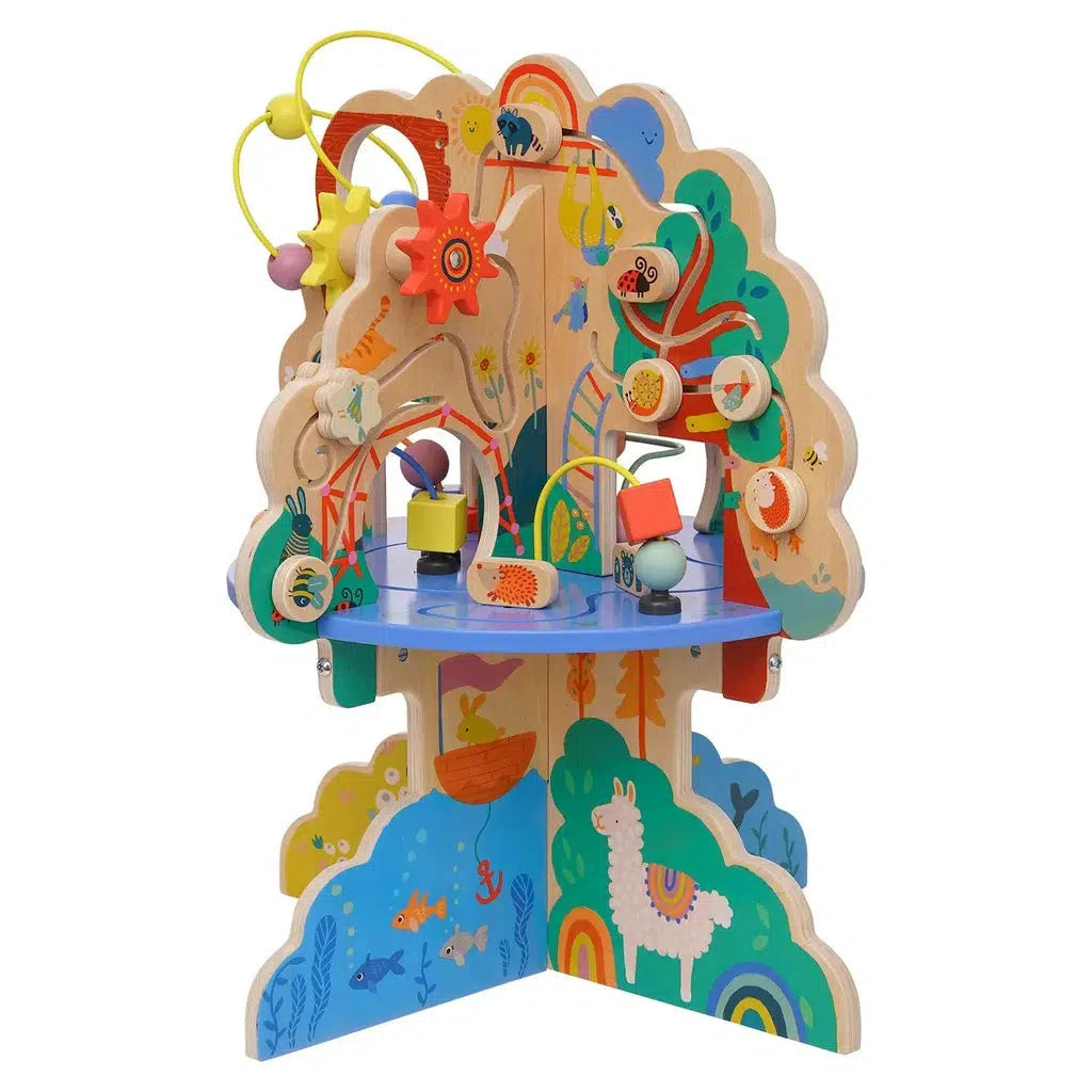 This colorful wooden activity center, shaped like a tree, features playground-themed bead mazes, gears, and animal illustrations with a llama on the base, perfect for motor skill development.