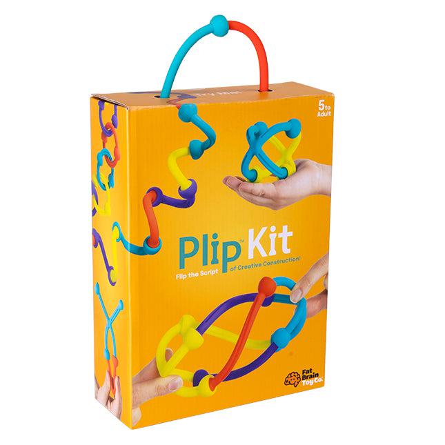 Colorful box of Plip Kit, featuring flexible construction toys, with vibrant pieces displayed on the packaging.