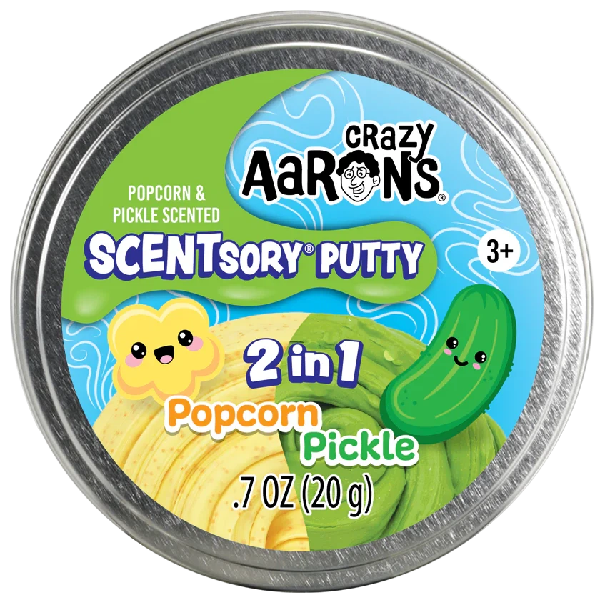 2 in 1 Crazy Aaron's putty. Popcorn pickle scented and the putty colors are yellow and green