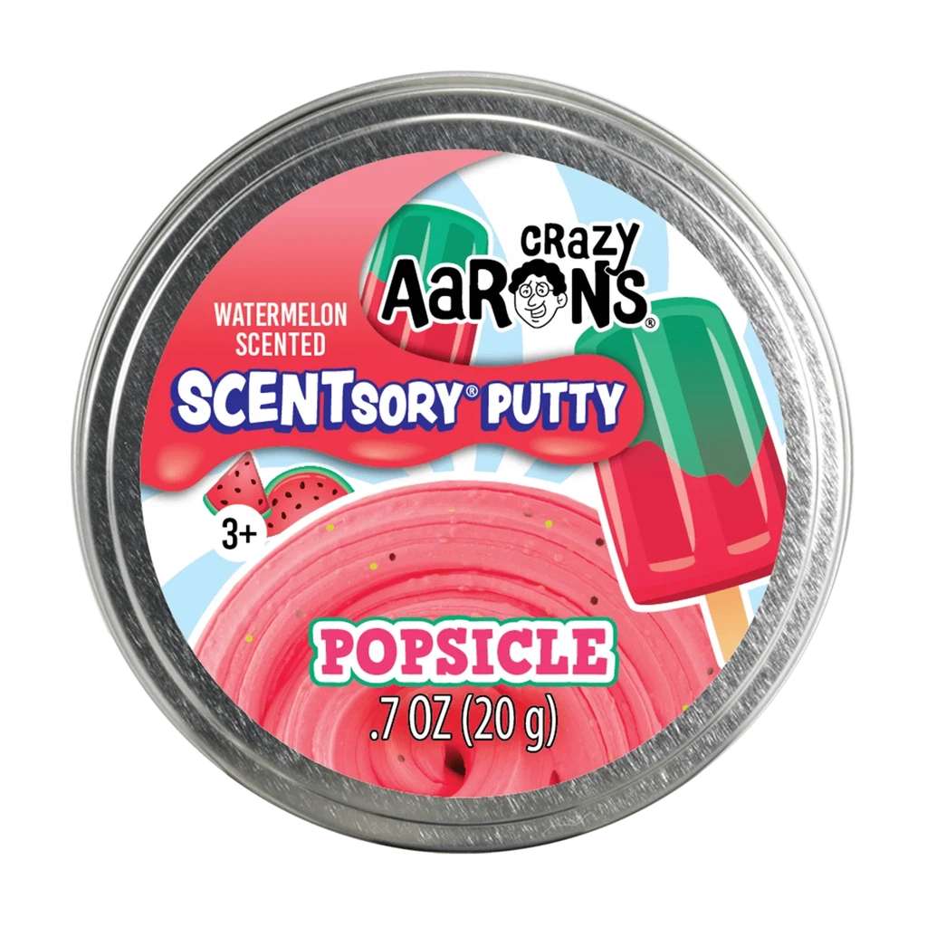 Watermelon scented Crazy Aaron's putty. The name is Popsicle as indicated on the brightly colored packaging on the small tin.