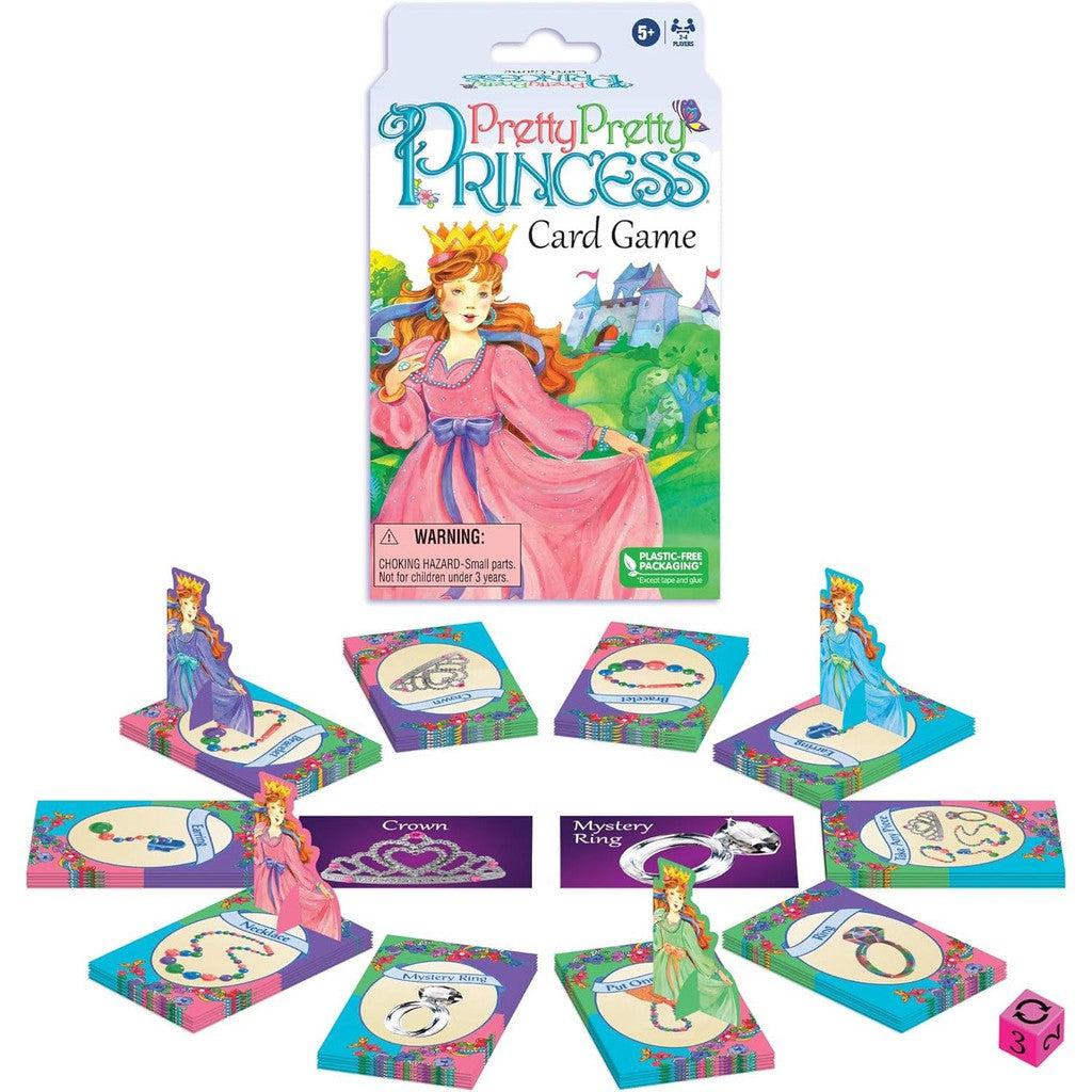 The "Pretty Pretty Princess Card Game" set, a beloved children's classic game, features cards adorned with jewelry designs, a crown card, and a mystery ring card. The box showcases an illustration of a princess in a pretty pink dress.