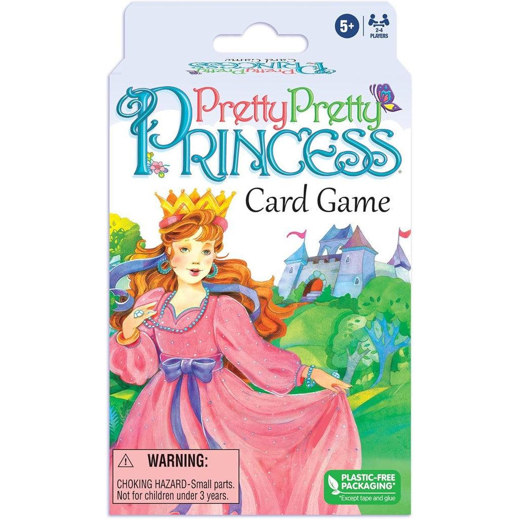 Front of the "Pretty Pretty Princess" card game box beautifully illustrates a princess in a pink dress with a castle backdrop. This enchanting princess card game is suitable for 2-4 players, ages 5 and up.