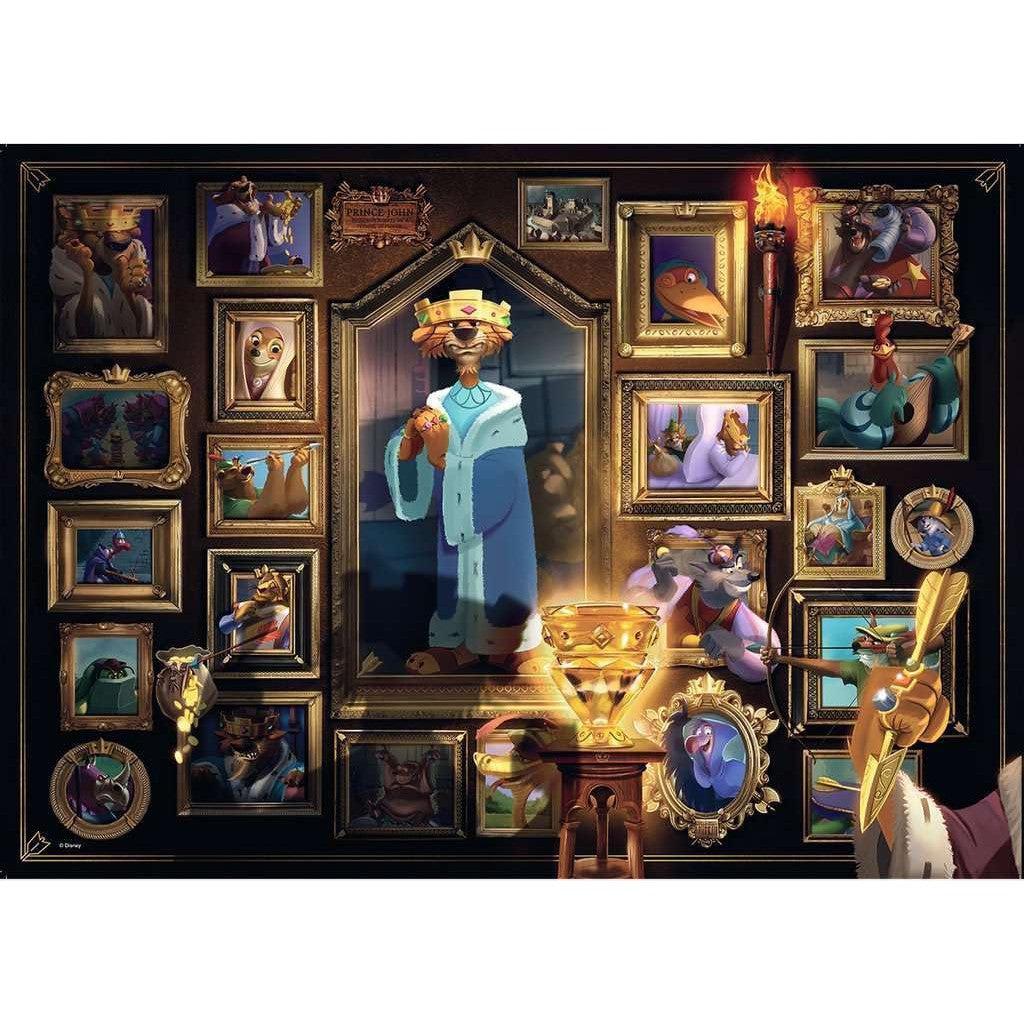 The Ravensburger Disney Villainous Prince John jigsaw puzzle showcases the cunning prince amid framed Disney characters. This 1000 piece jigsaw puzzle promises hours of captivating entertainment and challenge.