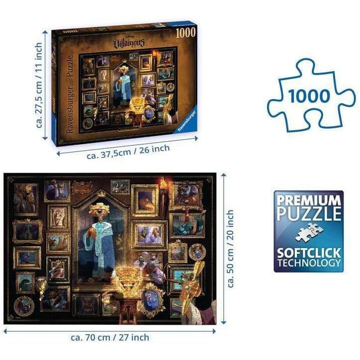 Discover the Prince John Jigsaw Puzzle from Ravensburger's Disney Villainous collection. This 1000-piece puzzle, showcasing framed images, measures 70 cm by 50 cm and features softclick technology for a seamless fit.