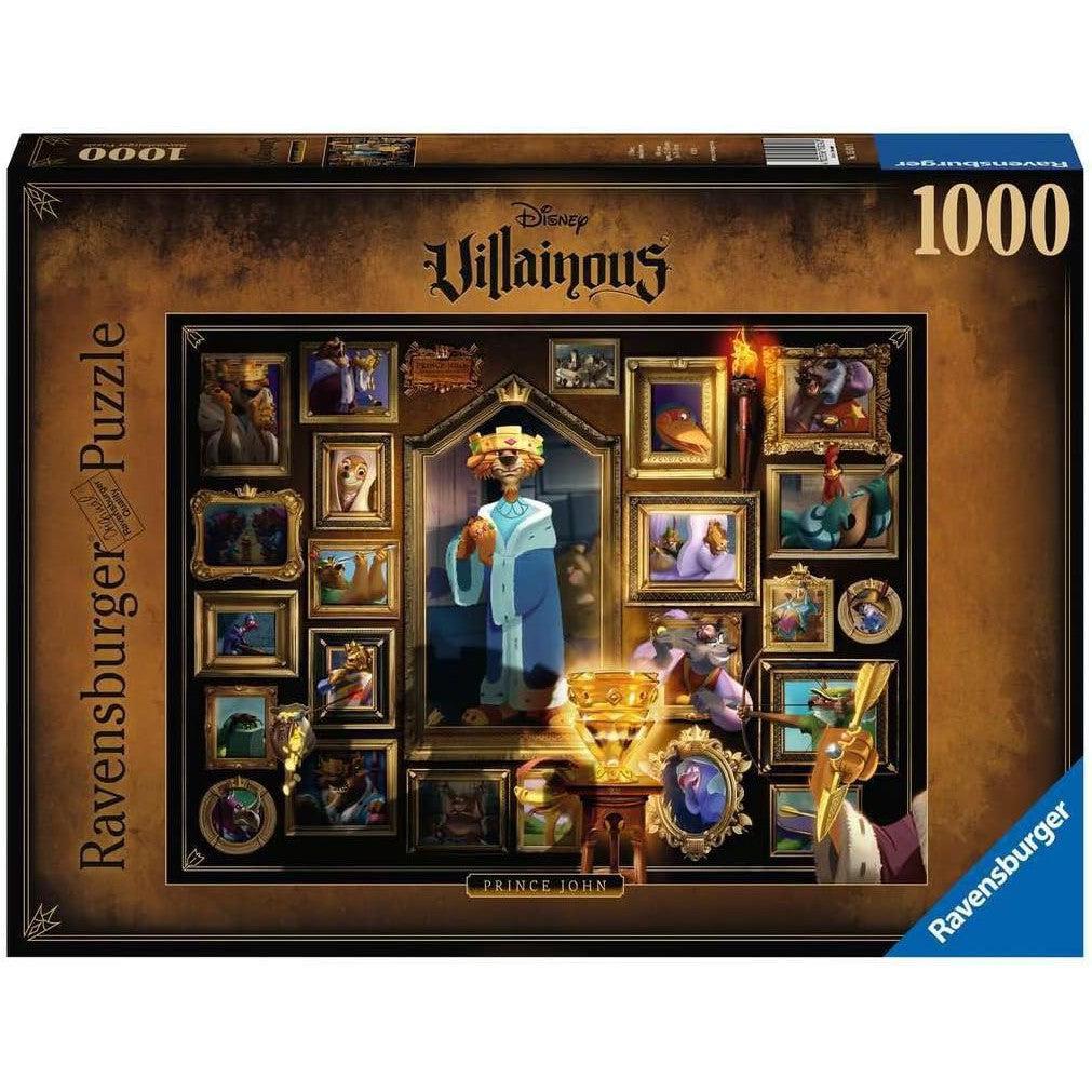 The Ravensburger Disney Villainous Prince John jigsaw puzzle showcases the cunning prince amid framed Disney characters. This 1000 piece jigsaw puzzle promises hours of captivating entertainment and challenge.