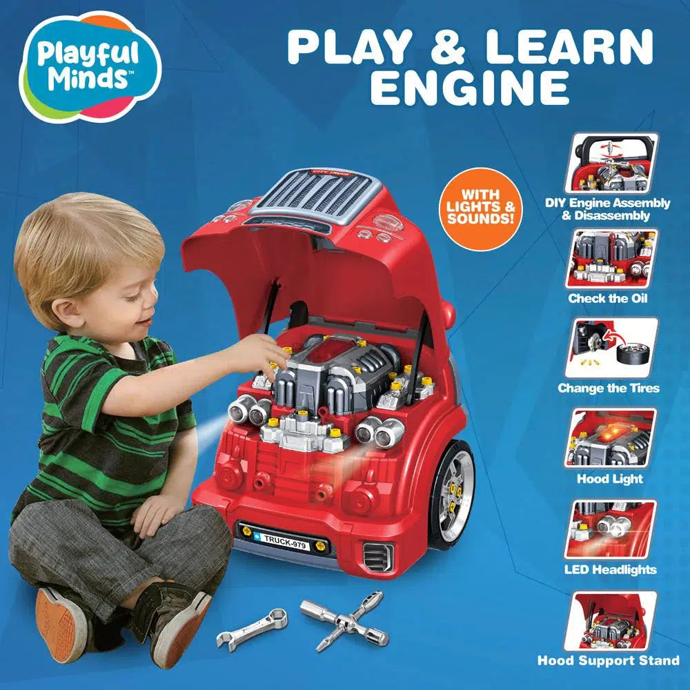 A child plays with the push and play truck, tinkering with the engine