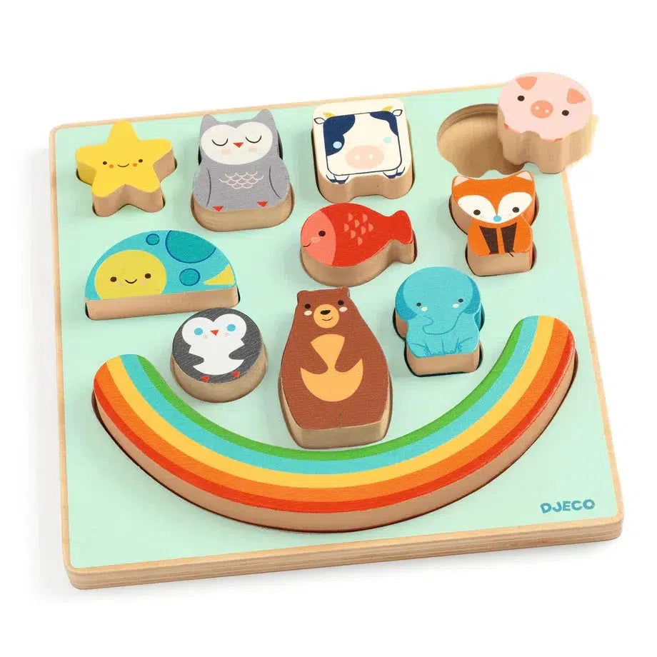 This wooden puzzle showcases a vibrant rainbow along with nine 3D animal and shape pieces, including a bear, fish, owl, elephant, and star. A pig piece waits beside the board for you to engage in this captivating balancing game.